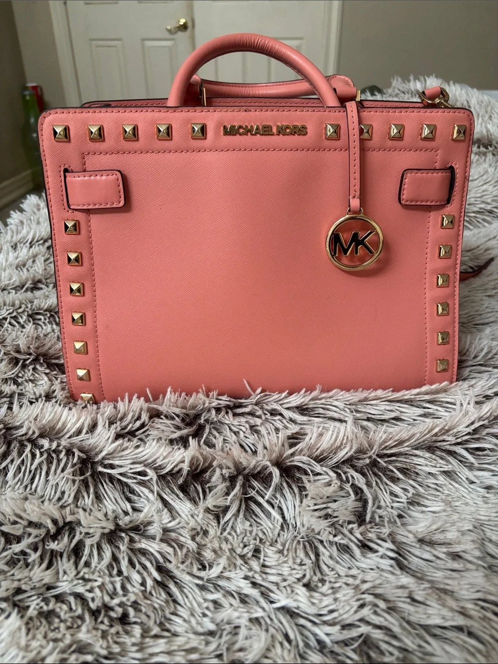 Michael Kors Coral Studded Leather Satchel with Strap